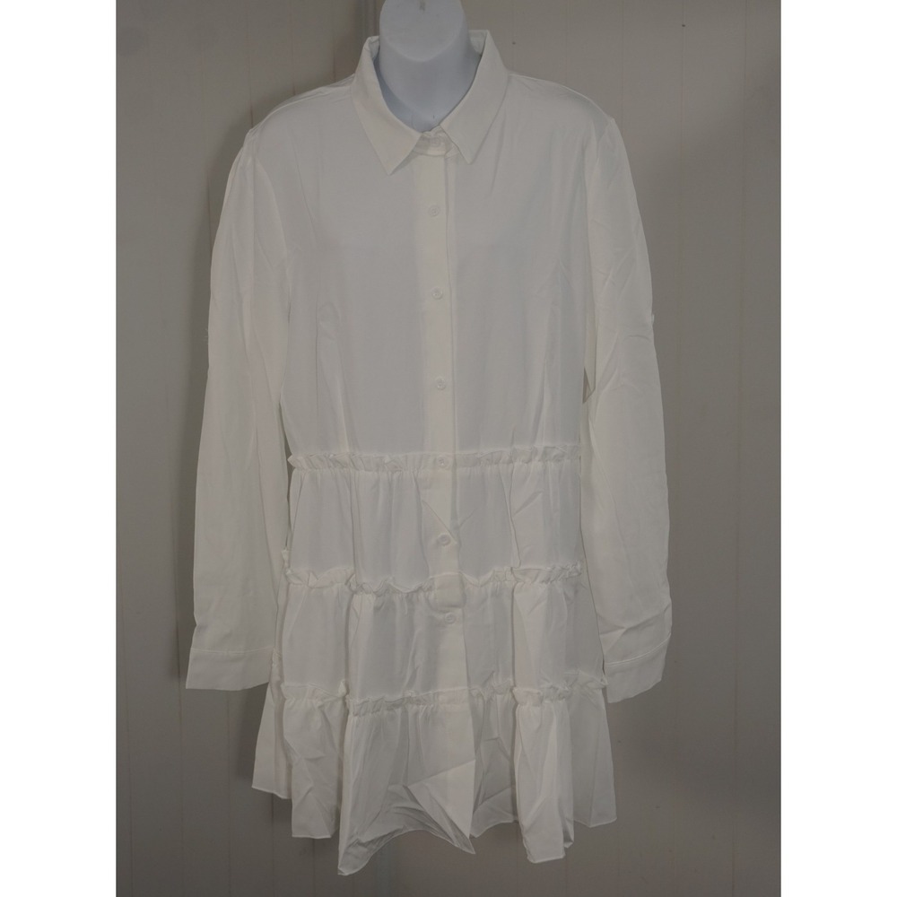 White XL Tiered Ruffle Button Down Shirt Dress Long Sleeve